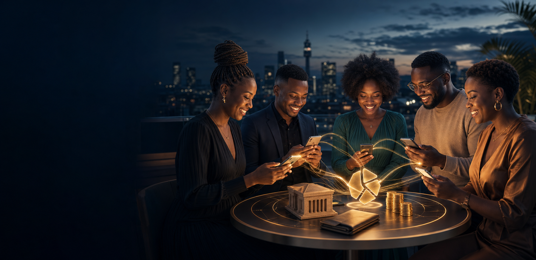 African friends saving together through a connected digital Stokvel